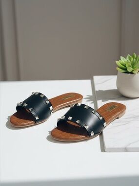 Chic Steps Gold Studded Slide On Sandals with Crocodile Sole in Black